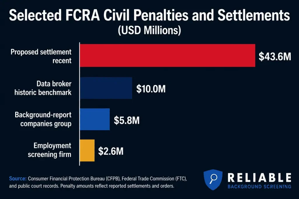 Bar chart of selected FCRA civil penalties and settlements against background screening companies